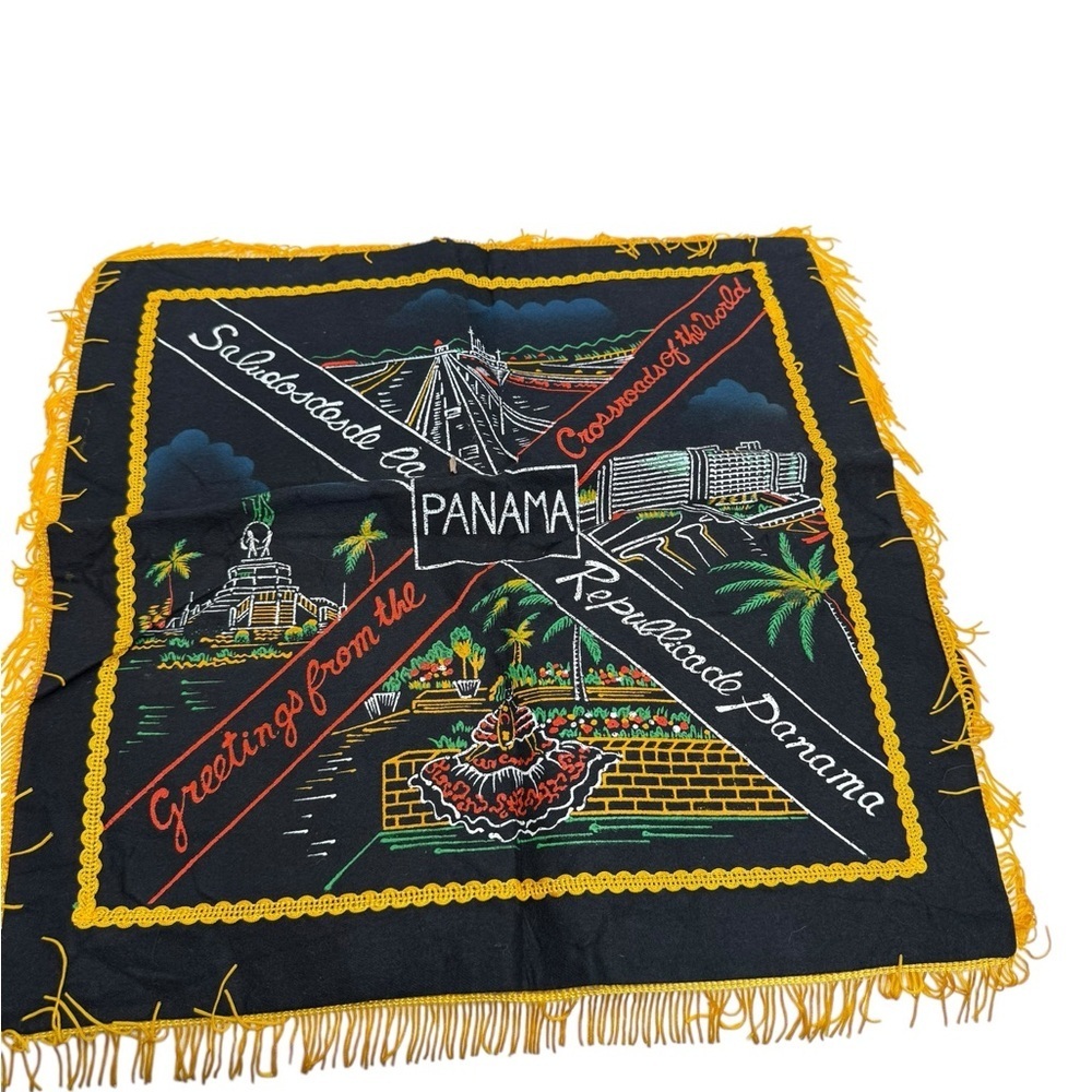 Panama Souvenir pillow cover  with Yellow Fringe 50s vintage